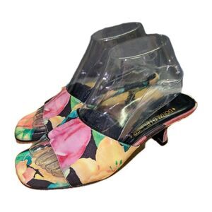 Donald J Pliner Heels 2" Size 8 M Leather Floral Art Fabric Mules Made in Italy